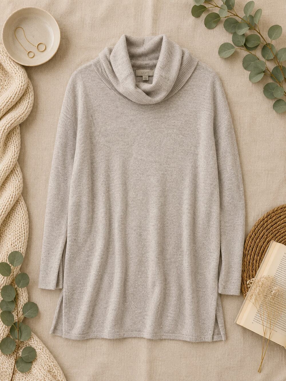 LOFT Women’s Cowl Neck Tunic Sweater Oatmeal Long Sleeve Knit Quiet Luxury SZ XS